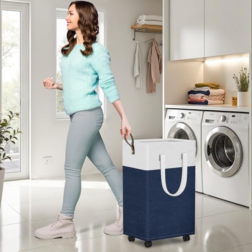 HomeHacks 90L Rolling Laundry Hamper with 4 Smooth Wheels, Collapsible Waterproof Clothes Basket, Freestanding Tall Hamper with Extended Handles for Bedroom/Dorm/Laundry Room (Blue) - color: Blue, size: 90L