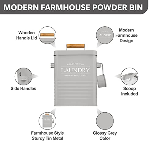 Calindiana Modern Farmhouse Metal Laundry Soap Dispenser Container Holder with Scoop for Laundry Room Decor and Space Saving Laundry Room Organization and Storage, Laundry Powder Container, Grey - color: GREY