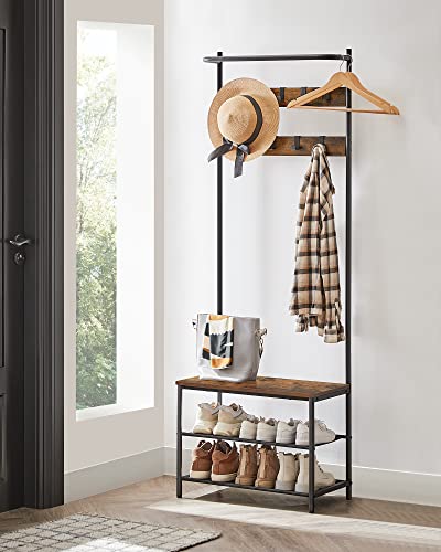 VASAGLE Hall Tree with Bench and Shoe Storage, Entryway Bench with Coat Rack Stand and Shoe Rack, 9 Movable Hooks, Top Bar, Fabric Shelves, Industrial, Rustic Brown and Black UHSR411B01 - color: Rustic Brown + Black, size: 25.2"W