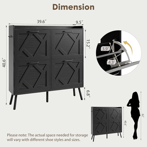 Nicetree Shoe Cabinet with 4 Flip Drawers, Hidden Shoe Rack Cabinet with Metal Legs, Farmhouse Narrow Shoe Storage Cabinet for Entryway, Foyer, Hallway, Black with Hook - color: Black, style: 4-Drawers
