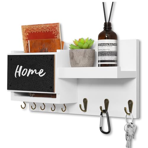 Decorative Key Hanging Rack with 8 Hooks – Easy Install Natural Wooden Key and Mail Holder for Wall Mount – Sunglasses Wallet Holder Entryway Decor with Shelf and Chalkboard (White) - color: White