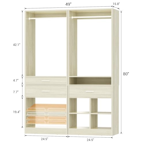 Unikito 50" W x 80'' H Closet Organizer Storage System with 2 Hanging Rod and 2 Wooden Drawers, Adjustable Shoes Rack, 4 Cubby Storage, Walk-in Closet Tower for Bedroom, Mudroom, Entryway, White Oak - color: White Oak, size: 50 Inch