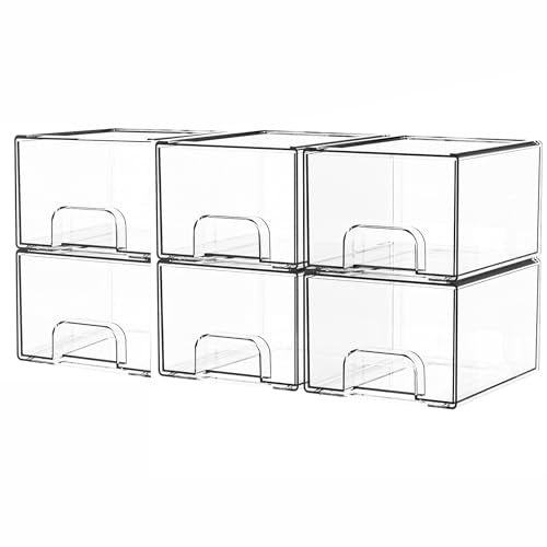 Yieach 6 Pack Small Stackable Storage Drawers,4.4 Inch Tall Stacking Acrylic Clear Storage Bins for Bathroom Vanity,Undersink,Pull Out Drawer Organizers for Beauty,Makeup,Medicine Cabinet Organizers - color: Clear-4.4 In Tall, size: 6 PCS