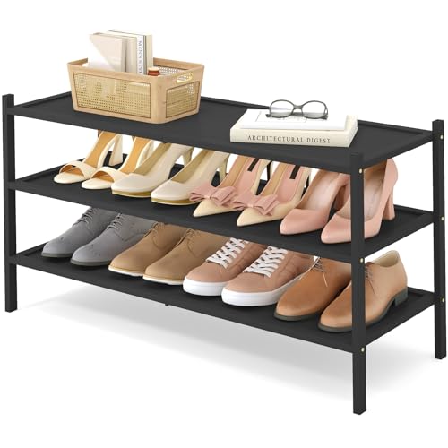 Smiry Bamboo Long Shoe Rack, 3 Tier Shoe Organizer for Entryway & Closet, Stackable Free Standing Storage Shelf for Shoes, Bags & Plants, Black - color: Black, size: 3 Tier - Long