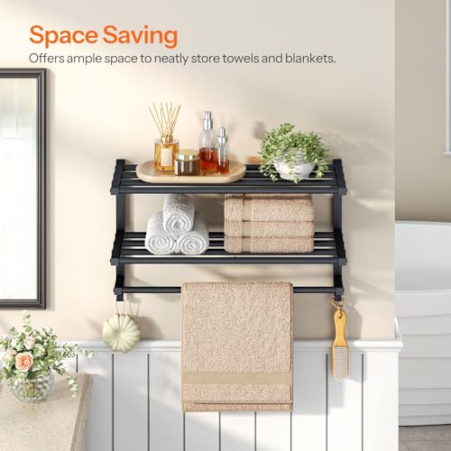 HOOBRO 23.8" Towel Rack for Bathroom, 3 Tier Towel Shelf with Tower Bars, Bathroom Storage Organizer for Towels and Toiletries, Towel Holder Wall Mounted with 2 Hooks, Black BK08LB01