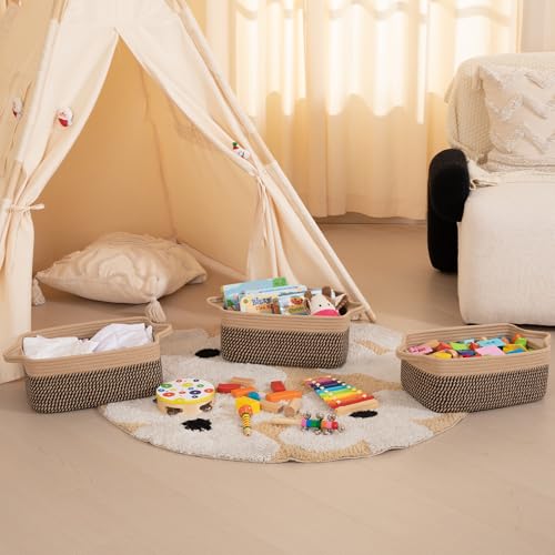 OIAHOMY 3 Pack Storage Baskets for Organizing, Woven Cotton Rope Basket for Shelves, Closet Organizer Bins with Handles, Rectangle Toy Organization, 13.78''×9.84''×5.5'', Brown & Black - color: Brown & Black, size: 13.8''×9.8''×5.5''