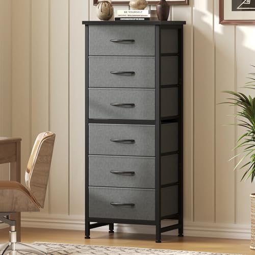 DUMOS 6 Drawers Dresser for Bedroom with Wheels, Fabric Storage Cabinet Organizer with Removable Fabric Bins, Sturdy Steel Frame for Living Room, Office, Entryway, Closets, Grey - color: Grey, size: 11.8"D x 15.7"W x 39.4"H (6 Drawers)