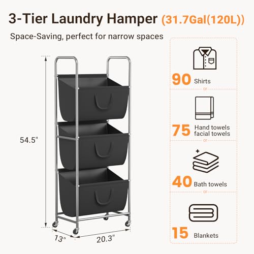 ELYKEN 120L Vertical Rolling Laundry Hamper with Removable Bags, 3 Section Laundry Baskets with Wheels, Space-Saving 3 Tier Laundry Sorter for Small Spaces, Dorm, Bedroom, Bathroom, Laundry Room - color: Black