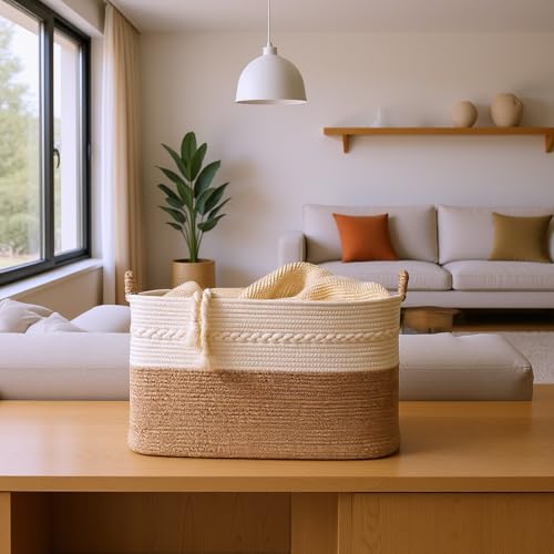 Extra large laundry basket woven from natural cotton rope with handles storage blankets for living rome big decorative quilted baskets for clothes toys pillows hamper 24"x16"x14" white/brown - color: white/Brown, size: 87L 24"x16"x14"