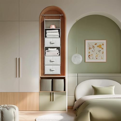 Vailando 6-Shelf Hanging Closet Organizer with 3 Drawers, Closet Hanging Shelves with Removable Fabric Drawers for Wardrobe, Nursery & Dorm Storage, Silver Gray - color: Silver Gray, size: 6-Shelf Inseparable