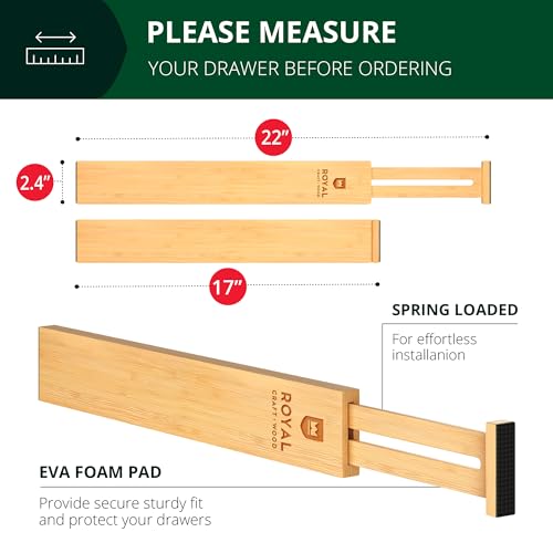 ROYAL CRAFT WOOD Adjustable Bamboo Drawer Dividers Organizers (17-22") - Multipurpose Storage Boxes 5 pcs