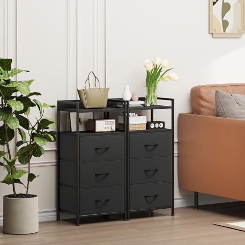 Somdot Nightstand with 3 Drawers, Dresser with Fabric Bins for Bedroom, Hallway, Entryway, Night Stand Bedside Table Furniture, Sturdy Steel Frame, Wooden Top, Easy Pull Fabric Bins, Black - color: Black, size: 11.4"D x 15.2"W x 30.6"H (3 Drawers)