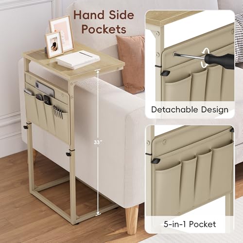 Vagusicc C Shaped End Table, 32'' Tall Side Table for Couch, Adjustable Height Small Couch Side Table for Small Spaces, End Table Slide Under Sofa Table TV Tray Table Arm Table for Living Room - color: Natural