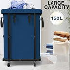 40 Gal(150L) High Grade Large Laundry Basket with Wheels, Rolling Laundry Hamper, Laundry Cart with Metal Frame and Removable Bag Design, Suitable for Laundry Room, Bedroom (Dark Blue, 150L) - color: Dark Blue, size: 1 Section 150L