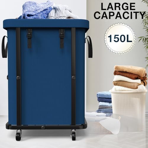40 Gal(150L) High Grade Large Laundry Basket with Wheels, Rolling Laundry Hamper, Laundry Cart with Metal Frame and Removable Bag Design, Suitable for Laundry Room, Bedroom (Dark Blue, 150L) - color: Dark Blue, size: 1 Section 150L