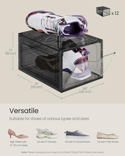 SONGMICS Shoe Boxes, Set of 12, Clear Plastic Shoe Storage, Stackable Sneaker Box, Drop Front Door, Up to US Size 11, Easy Assembly, 13 x 9.8 x 7.1 Inches, Transparent Black ULSP032B12 - color: Transparent Black, size: 12 Count