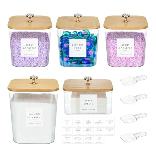 POLRAI 5 Pack Laundry Pod Containers and Dryer Sheet Holder, Laundry Room Organization Storage Containers with Lids and Labels for Detergent Pods Dry Sheet Organizing - color: Natural, size: 3+1+1 Pack