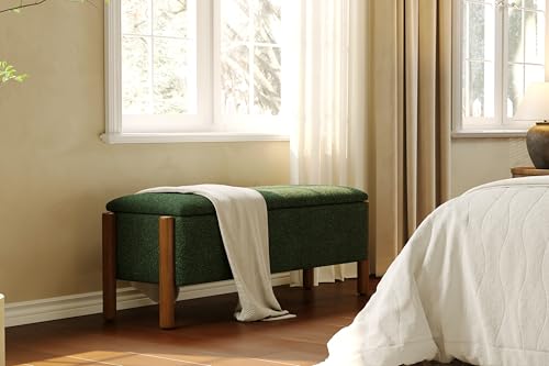 Modern Storage Benches with Walnut Wood Legs, 47'' Ottoman Bench with 20 Gallons Storage Space for Bedroom End of Bed, Fabric Upholstered Entryway Bench with Seating for Livingroom, Green - color: Green