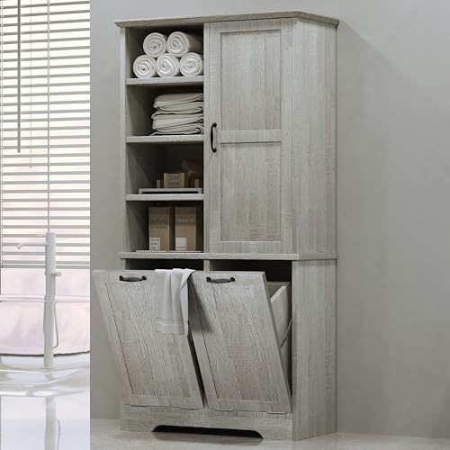 Merax Cabinet with Tilt-Out Laundry Hamper Basket, Tall Bathroom Storage Organizer Linen with Open Shelf for Home, Freestanding, Oak - color: Oak