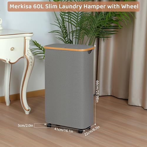 Slim Laundry Basket with Wheels,Narrow Hampers for Laundry, Laundry Hamper with Lid&Bamboo Handles,Dirty Clothes Hamper for for Bathroom Bedroom Dorm, 60L Grey - color: Grey, size: 60L with Wheels