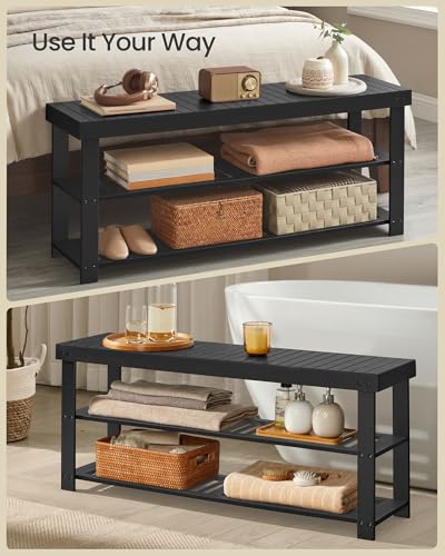 SONGMICS Shoe Rack Bench, 3-Tier Bamboo Shoe Storage Organizer, Entryway Bench, Holds Up to 286 lb, 11.3 x 42.9 x 17.8 Inches, for Entryway Bathroom Bedroom, Ink Black ULBS110B101 - color: Ink Black, size: 42.9"W