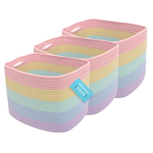 OrganiHaus Set of 3 Pastel Rainbow Baskets - Colorful Woven Storage Baskets for Playroom, Nursery & Classroom Decor, Toy Storage, 15x9x10 - color: Rainbow Pastel