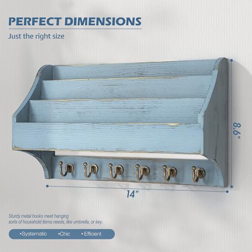 Rebee Vision Pine Wood Key Holder Wall Mount - Farmhouse 3-Tire Mail Holder with 6 Key Hooks for Home Decor- Multifunctional Wall Organizer for Entreyway, Living Room (Blue) - color: Blue