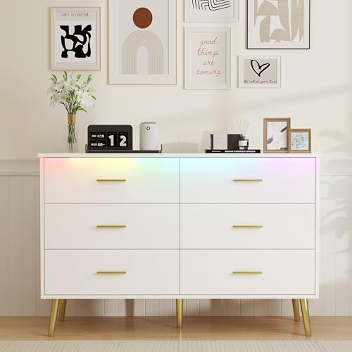 White Dresser for Bedroom, Dressers & Chests of Drawers for Clothes Storage, Wood Dresser for Closet with 6 Drawers, Wide Long Clothes Organizer with LED Light for Hallway, Entryway, Metal Handles - color: White
