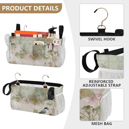 Bedside Caddy Metal Frame Hanging Organizer Bunk Bed Dorm Accessories Hook And Loop Storage Bag Large Pockets Blue Pumkins Birds Flower - color: Flower
