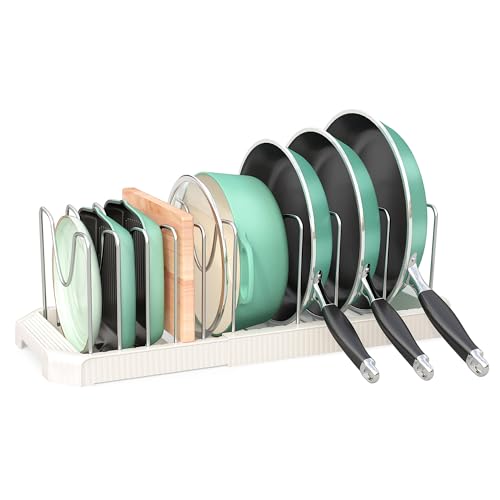 Pots and Pans Organizer for under Cabinet, Pan Pot Organizers inside Cabinet, Expandable Organizer with 10 Adjustable Dividers for Cookie Sheets, Cutting Boards, Pot Lids, Cookware - Frying Pan Rack - color: White, size: 10 Adjustable Dividers
