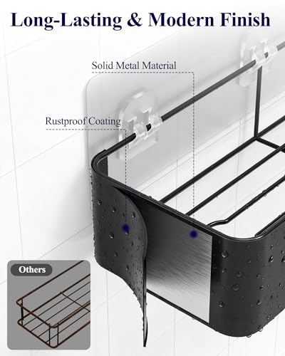 Kitsure Shower Caddy Adhesive - 6-Pack, No-Drilling Shower Shelves with Soap Holder, Toothbrush Holde, 6 Hooks, Rustproof & Stylish Bathroom Organizers and Storage Solution, Black, Large - color: Black