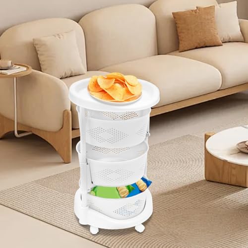 Rotating Storage Cart, 3/4/5 Layer Kitchen Storage Rack, Standing Storage Rack with Lockable Casters, Multi-Layers Rotatable Baskets for Kitchen Bathroom (3-Tier)