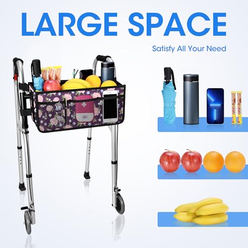 Dotday Upgraded Walker Basket with Cup Holder, Foldable Walker Bag with Large Capacity & Never Tipping Over- Not Fit for Rollator - color: Purple