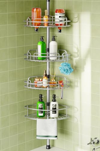 HAMITOR Corner Shower Caddy Tension Pole: 4-Tier Rust-Resistant Adjustable Bathroom Organizer Shelves - 47-121 Inch No-Drill Quick Installation - Space-Saving Storage for Renters Family - Silver Gray - color: Silver Gray