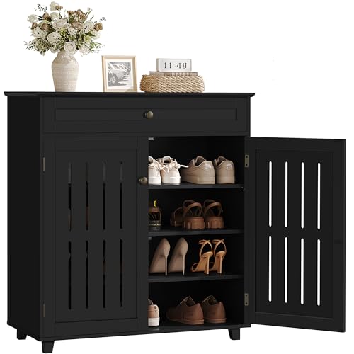 Yaheetech Shoe Cabinet, 4-Tier Shoe Storage Cabinet with Drawer & Adjustable Shelves, Shoe Rack Cabinet for Entryway, Hallway, Living Room, Black - color: Black, size: 31 x 15 x 34’’
