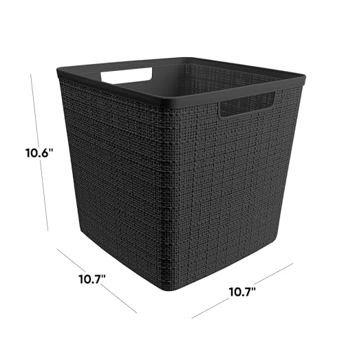 Curver Set of 4 Large Cube 17L Jute Decorative Plastic Organization and Storage Baskets - Perfect Bins for Home Office, Closet Shelves, Kitchen Pantry and All Bedroom Essentials, Black - color: Black, size: Large Cube 17L