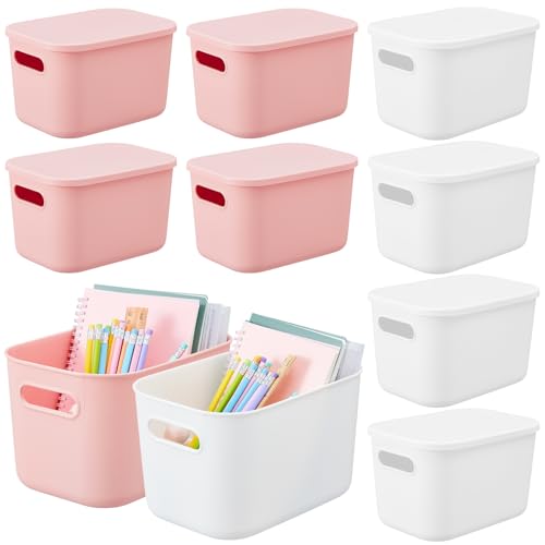 Hoolerry 8 Pieces Colorful Storage Bins with Lid, Plastic Storage Basket Organizing Container Stackable Box with Handle for Shelves Desktop Playroom Office(14.2 x 10.2 x 9.5 Inch,White and Pink) - color: White and Pink, size: 14.2 x 10.2 x 9.5 Inch