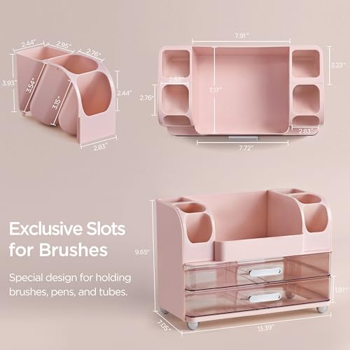 HBlife Makeup Organizer for Vanity with Brush Holder, Large Bathroom Countertop Cosmetic Organizer Skin Care Storage, Easy to Store Lipsticks, Nail Polishes, Perfumes, Eyeshadow Palettes, Pink - color: Pink