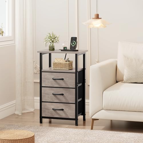 Vagusicc Nightstand Set of 2 with Charging Station, Bedside Table with USB Ports and Outlet, End Table Side Table with 3 Fabric Drawer and Storage Shelf, Bed Side Table Night Stand for Bedroom, Greige - color: Greige, size: 2 Pieces, style: Ordinary