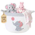 Elephant Storage Basket for Nursery – Large 15”x11” Cotton Rope Bin with Soft Felt Elephant Patch – Toy Organizer, Baby Laundry Hamper, Diaper & Towel Holder – Foldable, Washable & Baby-Safe - color: Girl Elephant