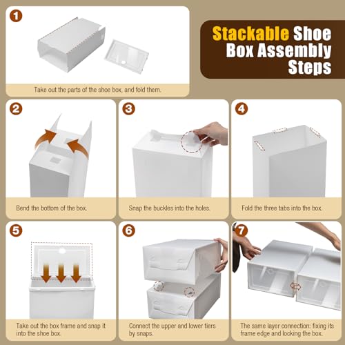 24 Pack Shoes Storage Boxes - Clear Plastic Foldable Stackable Shoe Organizer Containers Bins Holders for Closet Bedroom Small Space, 33x23x14 cm