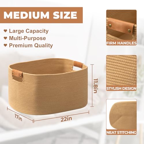 danpinera Large Blanket Basket for Living Room, 72 L Woven Cotton Rope Baskets for Kids Toy, Pillows, Towels, Cotton Organizing with leather handle, Storage Bin for Nursery, 22’’*17’’*11.8’’ Jute - color: Jute, size: 72L