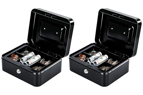 KYODOLED Metal Cash Box with Key Lock & Money Tray - Secure Safe for Home, Office & Events, Ideal for Cash, Meds & Small Items, 7.87" x 6.30" x 3.35", Black, 2 Pack - color: Black-2PACK, size: Medium