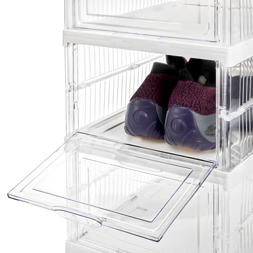 Hedume 6 Pack Clear Shoe Boxes Stackable, Drop Front Shoe Storage Box, No Assembly Plastic Shoe Organizer Storage Bin with Door, Free Standing Shoe Shelf Cabinet with Lid for Size 13, 13.6"x10"x7.9"