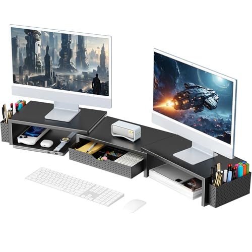 gianotter Dual Monitor Stand Riser, Desk Organizer With Drawer and 2 Pen Holders, Computer Monitor Stand, Shelf for Top of Desk, Black - color: Black