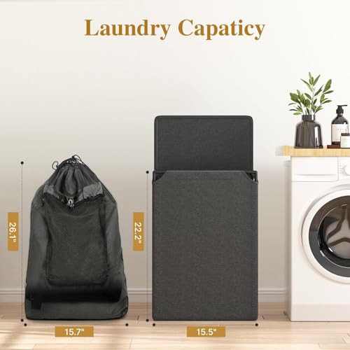 Foluck 60L 2-in-1 Laundry Hamper with Laundry Backpack, Waterproof Basket with Lid, Laundry Bag with Shoulder Straps and Mesh Pocket, Hamper for College Dorm, Travel, Apartment, Laundromat