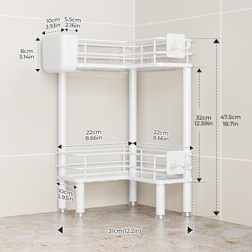 Orimade Rustproof 2 Tier Floor Standing Corner Shower Caddy Organizer with Toothbrush Holder, Large Spacing Floor Shower Shelf Rack Storage Stands with Hooks for Bathroom Kitchen, White - color: White, size: 2 Tier