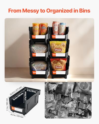 VEVOR Plastic Stackable Storage Bins, 14.8 x 8.5 x 7.1 inch (6 Pack), Plastic Containers for Organizing and Storage Bins for Closet, Garage, Small Parts, Office Supplies and Other Accessories, Black - color: Black, size: 14L