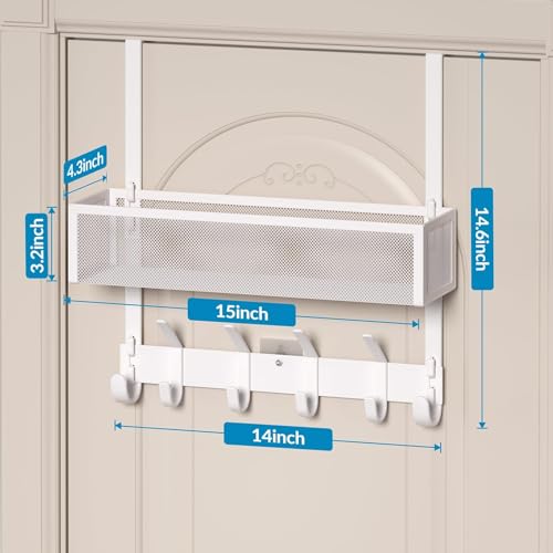 Over The Door Hooks Organizer, Over The Door Towel Rack with Mesh Basket, 10 Coat Hooks and 2 Wreath Hangers, Bathroom Door Organizer Back of Door Hanger for Bedroom, Kitchen(White) - color: White, size: 1 Basket
