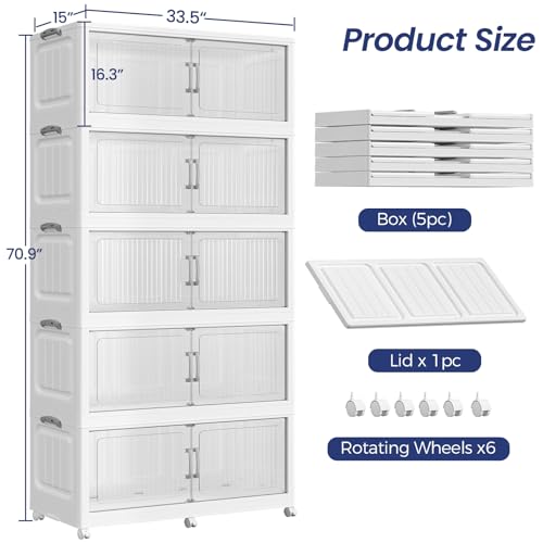 250Gal Extra Large Stackable Storage Bins with Lid, 1000QT Foldable Collapsible Storage Box with Doors & Wheels, Plastic Organizer for Bedroom Kitchen Garage Dorm, 5Pack
